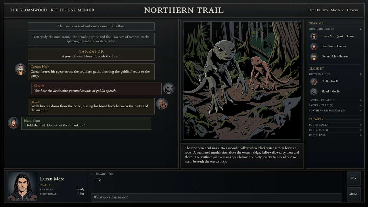 Black Rip gameplay: a party encounters goblins on a forest trail, with character actions, narration, scene artwork and nearby characters.