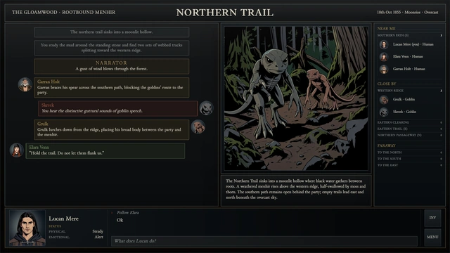 The Langscape client showing Black Rip's event feed, illustrated scene, nearby characters and command input.