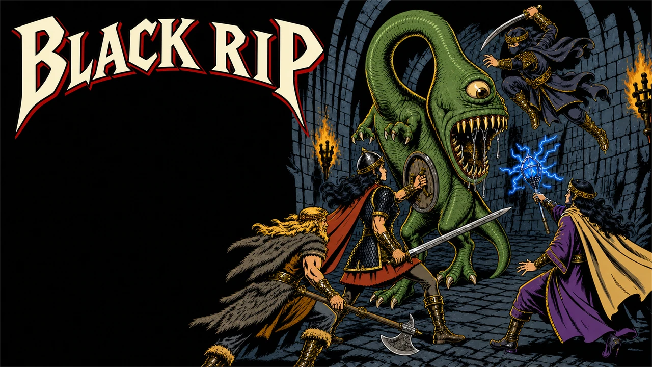 Black Rip. Adventurers confront a tentacled creature in a dungeon.